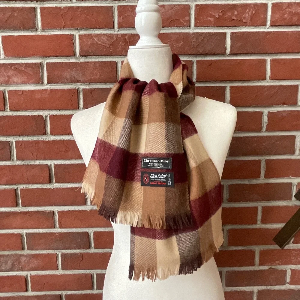 •Christian Dior Vintage Merino Wool Woven In Great Britain Plaid Scarf 50”/10” - Picture 1 of 7